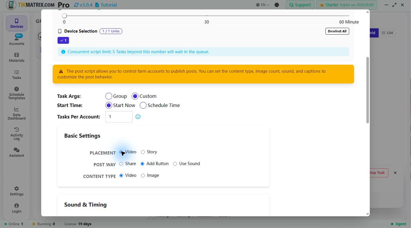Custom task parameters, Start Now, one task per account and video posting options