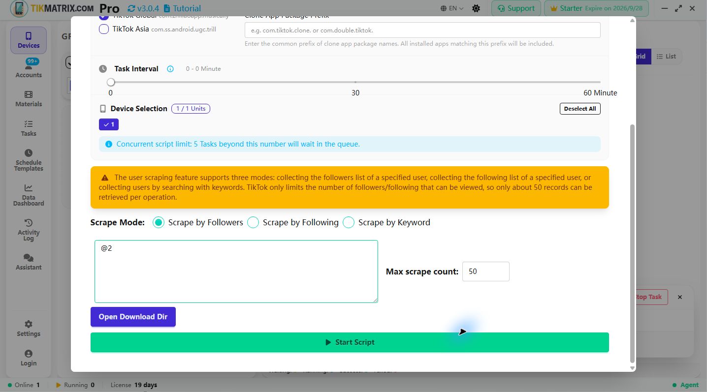 Scrape Users dialog: mode, usernames and maximum count