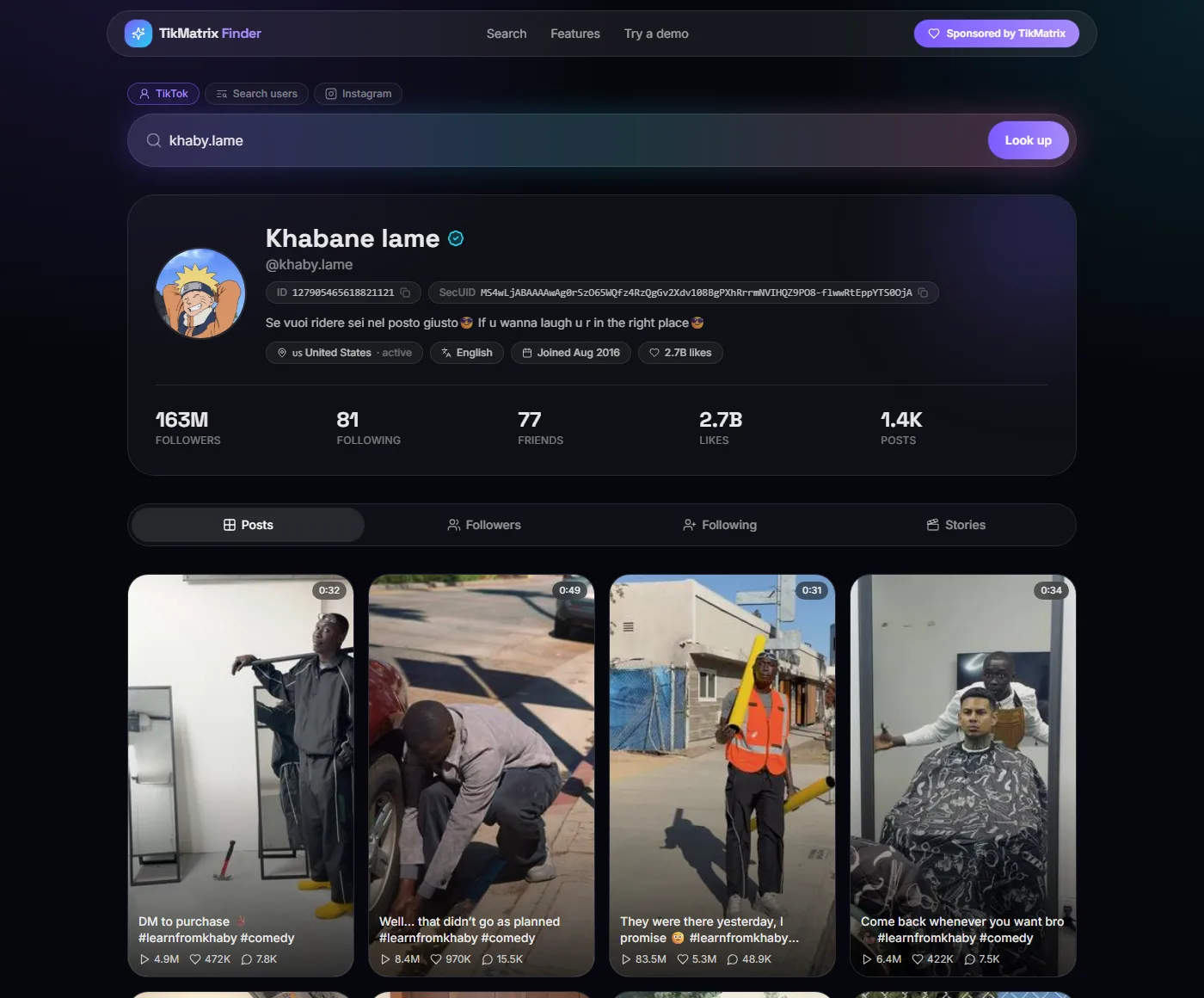 TikMatrix Finder 프로필 조회 및 게시물 피드