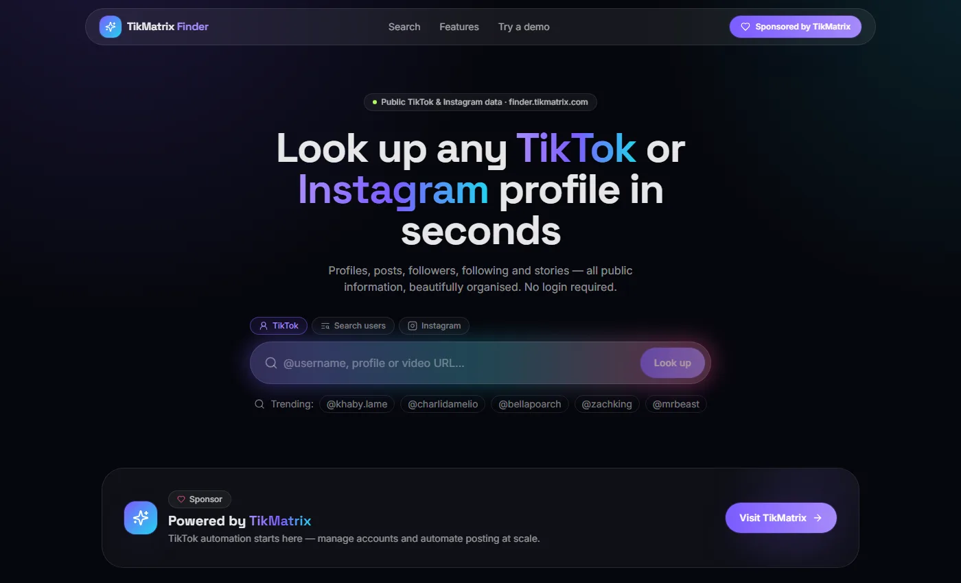 TikMatrix Finder — zoek elk TikTok- of Instagram-profiel op