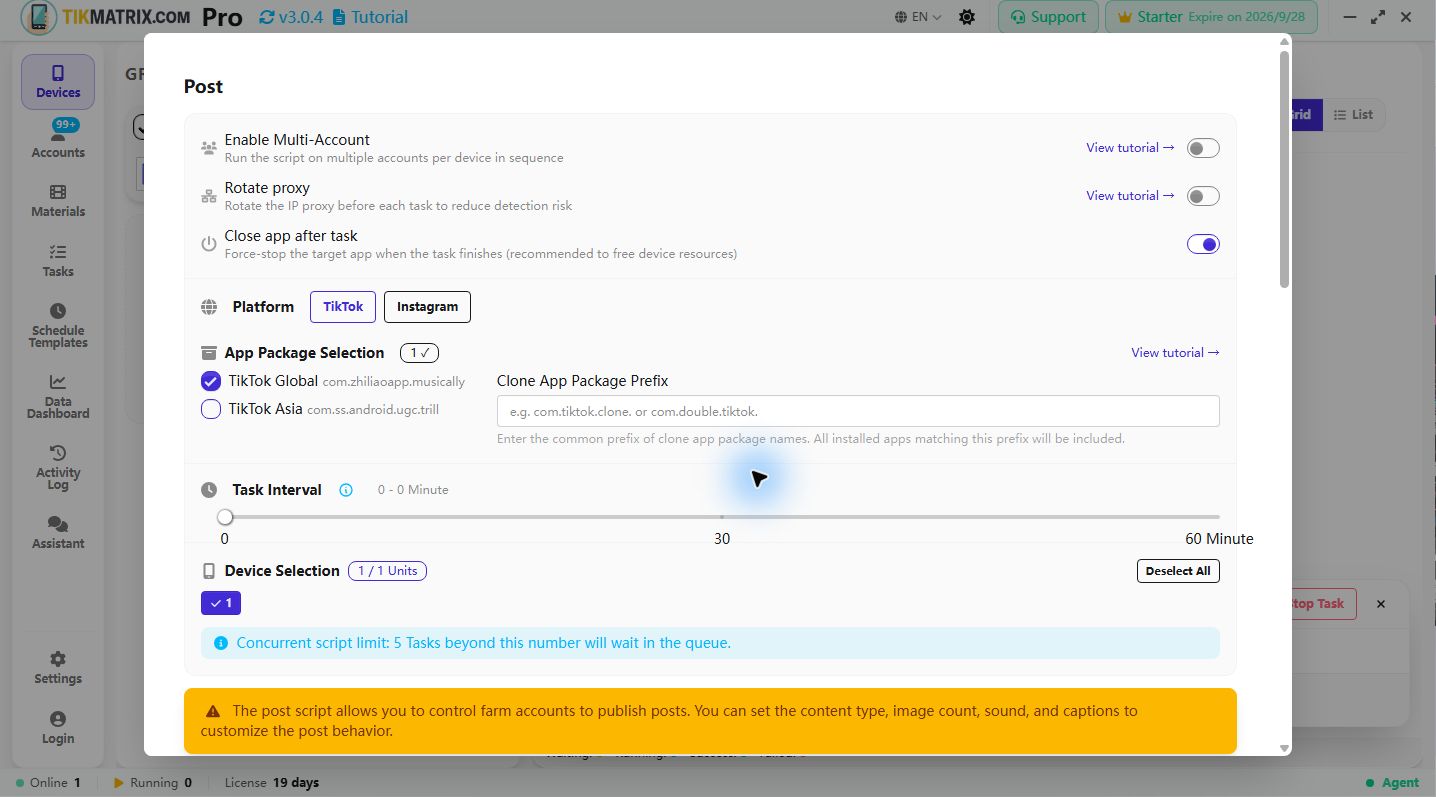 Post dialog with platform, app package and one selected device