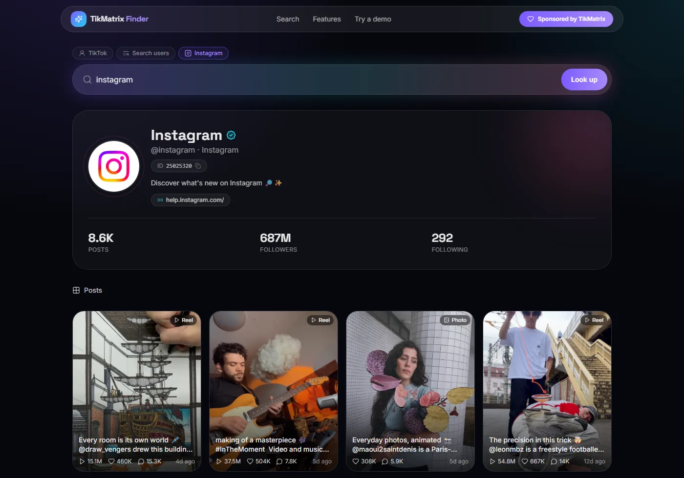 Пошук профіля Instagram в TikMatrix Finder